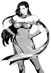 Rule 34 | 1girl, bare shoulders, battle tendency, black hair, closed mouth, commentary request, dress, earrings, facing viewer, gloves, greyscale, hands on own hips, jewelry, jojo no kimyou na bouken, lisa lisa, long hair, looking at viewer, mature female, monochrome, pantyhose, scarf, shirt, skirt, sleeveless, sleeveless dress, sleeveless shirt, solo, standing, takasugi kou