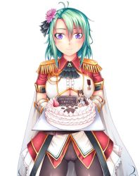 Rule 34 | 1girl, ayase tamaki, birthday cake, blush, breasts, cake, cape, character doll, cowboy shot, ascot, enokorogusa (flower knight girl), epaulettes, flower knight girl, food, frills, green hair, happy birthday, large breasts, looking at viewer, purple eyes, red skirt, saboten (flower knight girl), short hair, skirt, smile, solo, tray, underboob, white background