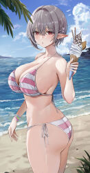 Rule 34 | 1girl, :o, absurdres, ass, bare arms, bare shoulders, beach, bikini, breasts, cleavage, commission, cowboy shot, day, elf, food, gompang 11, grey hair, hair ornament, hairclip, halterneck, hand up, highres, holding, ice cream, large breasts, looking at viewer, original, outdoors, parted lips, pink bikini, pointy ears, red eyes, short hair, side-tie bikini bottom, solo, standing, string bikini, striped bikini, striped clothes, swimsuit, thighs, twisted torso, water, wet, wristband
