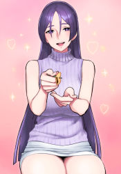 Rule 34 | 1girl, absurdly long hair, bad id, bad pixiv id, blush, fate/grand order, fate (series), incoming food, long hair, looking at viewer, meme attire, minamoto no raikou (fate), nakuta, open mouth, purple eyes, reaching, reaching towards viewer, ribbed sweater, sleeveless, sleeveless turtleneck, smile, solo, sweater, turtleneck, very long hair, virgin killer sweater