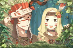 Rule 34 | 00s, 1boy, 1girl, baccano!, bad id, bad pixiv id, blonde hair, brown eyes, bug, elmmoo, facepaint, feathers, flower, forest, fringe trim, feather hair ornament, hair flower, hair ornament, headdress, indian headdress, isaac dian, jewelry, miria harvent, native american headdress, nature, ring, snail, snake, spider