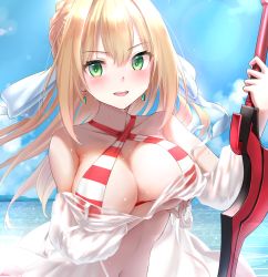 Rule 34 | 1girl, aestus estus, ahoge, arm under breasts, bare shoulders, beach, bikini, blonde hair, blush, braid, breasts, cleavage, collarbone, criss-cross halter, dress, earrings, fate/grand order, fate (series), french braid, gown, green eyes, hair between eyes, hair ribbon, halterneck, highres, jewelry, kachayori, large breasts, long hair, looking at viewer, navel, nero claudius (fate), nero claudius (fate) (all), nero claudius (swimsuit caster) (fate), nero claudius (swimsuit caster) (third ascension) (fate), open mouth, red bikini, ribbon, see-through, smile, solo, striped bikini, striped clothes, sunlight, swimsuit, sword, weapon, wet, white ribbon