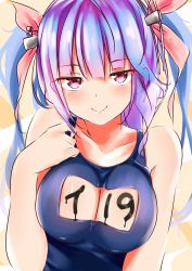 Rule 34 | 10s, 1girl, bad id, bad pixiv id, bare arms, bare shoulders, breasts, cleavage cutout, clothing cutout, i-19 (kancolle), kantai collection, large breasts, long hair, one-piece swimsuit, purple hair, red eyes, school swimsuit, smile, solo, swimsuit, tatusinomu, tri tails