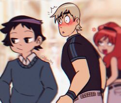 Rule 34 | 1girl, 2boys, bisexual male, black hair, blush, bodtyy, bored, distracted boyfriend (meme), envy adams, jealous, jitome, light brown hair, looking at another, looking back, male focus, meme, multiple boys, notice lines, o3o, scott pilgrim (series), scott pilgrim takes off, short hair, sideways mouth, thick eyebrows, todd ingram, toon (style), wallace wells