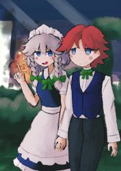Rule 34 | 1boy, 1girl, absurdres, apron, blue dress, blue eyes, bow, bowtie, braid, closed mouth, commentary, cowboy shot, dress, english commentary, green bow, green bowtie, grey hair, hair bow, highres, holding hands, iesonatana, izayoi sakuya, long sleeves, looking at another, maid apron, maid headdress, medium hair, open mouth, original, outdoors, puffy short sleeves, puffy sleeves, remilia scarlet, short sleeves, smile, standing, touhou, twin braids, v-shaped eyebrows, waist apron, white apron