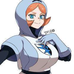 Rule 34 | 1girl, alternate breast size, blue eyes, breasts, bright pupils, closed mouth, commentary, creatures (company), eyelashes, flipped hair, game freak, gigobyte350, gloves, hand up, highres, hood, hood up, korean text, looking at viewer, nintendo, orange hair, parted bangs, pokemon, pokemon bw, short hair, simple background, smile, solo, team plasma grunt, upper body, white background, white pupils