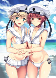 Rule 34 | 2girls, :d, anchor, bare shoulders, beach, bikini, bikini skirt, blue eyes, blue sky, blush, bow, breasts, brown eyes, brown hair, clothes writing, cloud, collarbone, commentary request, cowboy shot, day, eyebrows, gluteal fold, hat, hat bow, holding hands, horizon, kantai collection, kyogoku shin, looking at viewer, multiple girls, navel, ocean, open mouth, outdoors, red eyes, red hair, sailor bikini, sailor collar, sailor hat, sand, short hair, side-tie bikini bottom, silver hair, sky, small breasts, smile, standing, swimsuit, water, white bikini, white headwear, white sailor collar, z1 leberecht maass (kancolle), z3 max schultz (kancolle)