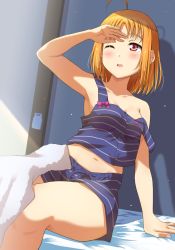 Rule 34 | ahoge, armpits, bare arms, bare shoulders, blue camisole, blue shorts, blush, breasts, buttons, camisole, cleavage, collarbone, feet out of frame, hair down, highres, love live!, love live! sunshine!!, on bed, one eye closed, open mouth, orange hair, pajamas, qy73, red eyes, shading eyes, short hair, short shorts, shorts, sitting, solo, strap slip, takami chika, waking up