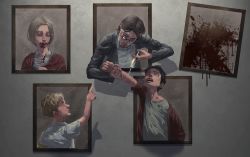 Rule 34 | 1girl, 3boys, absurdres, aged down, arm grab, blonde hair, blood, blood from mouth, blood on face, blood splatter, blue eyes, brothers, brown hair, crying, crying with eyes open, dina fritz, eren yeager, family portrait, father and son, grisha yeager, highres, holding, holding syringe, injection, mother and son, multiple boys, perok (grasiras), pointing, shingeki no kyojin, short hair, siblings, spoilers, syringe, tears, zeke yeager