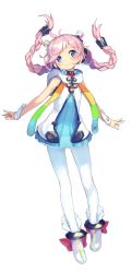 Rule 34 | 1girl, animal hood, anklet, blue eyes, blush, bow, braid, cuffs, dress, floating hair, frilled dress, frills, full body, hair ornament, hood, hoodie, jewelry, long hair, multicolored eyes, official art, pantyhose, pink hair, rainbow, rana (vocaloid), scarf, shindou kamichi, simple background, smile, solo, twin braids, twintails, vest, vocaloid, white background, white pantyhose, wrist cuffs