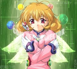 Rule 34 | 1990s (style), 1girl, antenna hair, blonde hair, blush, breasts squeezed together, breasts, copyright name, corrector yui, crossed arms, green background, kasuga yui, pink shirt, purple eyes, retro artstyle, shirt, short hair, smile, solo, wings, zundarepon