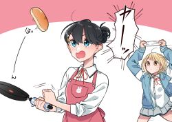 Rule 34 | 2girls, ahoge, alternate hairstyle, apron, arms up, black hair, blonde hair, blue cardigan, blue eyes, blush, cardigan, collared shirt, commentary, cooking, english commentary, food, grey skirt, hair between eyes, hair bun, hair ornament, hairclip, highres, holding, holding plate, honda sora, kashikaze, lonely girl ni sakaraenai, long sleeves, medium hair, multiple girls, neck ribbon, open cardigan, open clothes, open mouth, pancake, parted lips, pink apron, pink background, plate, pleated skirt, red ribbon, ribbon, sakurai ayaka (lonely girl ni sakaraenai), shirt, skirt, speed lines, sweatdrop, translation request, two-tone background, white background, white shirt, yellow eyes