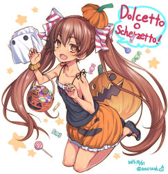 Rule 34 | 10s, 1girl, :d, bare legs, bare shoulders, basket, blush, brown eyes, brown hair, candy, condom, condom wrapper, dark-skinned female, dark skin, fang, food, halloween, hat, highres, italian text, jack-o&#039;-lantern, kantai collection, libeccio (kancolle), lollipop, long hair, looking at viewer, no socks, open mouth, ribbon, simple background, skirt, sleeveless, smile, solo, trick or treat, twintails, uousa-ou