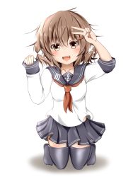 Rule 34 | 10s, 1girl, :d, anchor symbol, black skirt, black thighhighs, brown eyes, brown hair, fang, hair ornament, hairclip, highres, ikazuchi (kancolle), kamesys, kantai collection, long sleeves, open mouth, pleated skirt, school uniform, serafuku, short hair, simple background, skirt, smile, solo, thighhighs, v
