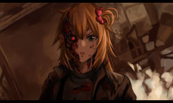 Rule 34 | 1girl, absurdres, akai haato, blonde hair, blue eyes, cosplay, dark, fire, hair ornament, hair ribbon, heart, heart hair ornament, highres, hololive, injury, jacket, leather, leather jacket, letterboxed, looking at viewer, mechanical ears, mechanical parts, open mouth, parody, red eyes, ribbon, scene reference, solo, t-800, t-800 (cosplay), terminator (series), virtual youtuber, yato (yama0x1)