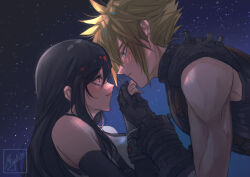 Rule 34 | 1boy, 1girl, bare shoulders, black gloves, black hair, blonde hair, blue eyes, breasts, closed mouth, cloud strife, commentary, couple, crop top, earrings, elbow gloves, english commentary, eye contact, final fantasy, final fantasy vii, final fantasy vii remake, fingerless gloves, from side, gloves, hair behind ear, hair between eyes, holding hands, jewelry, large breasts, light blush, long hair, looking at another, looking at viewer, miyukiko, night, night sky, profile, red eyes, short hair, sidelocks, signature, sky, sleeveless, sleeveless turtleneck, spiked hair, star (sky), starry sky, stud earrings, suspenders, sweater, tank top, tifa lockhart, turtleneck, turtleneck sweater, upper body, white tank top