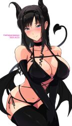 Rule 34 | 1girl, absurdres, amagami, bikini, black bikini, black gloves, black hair, black hairband, black horns, black tail, black thighhighs, black wings, blue eyes, blush, breasts, cleavage, closed mouth, collarbone, curly hair, dated, demon girl, demon horns, demon tail, demon wings, drill hair, elbow gloves, gloves, hairband, highres, horns, large breasts, long hair, looking at viewer, mitojyaneeeeyo, morishima haruka, o-ring, o-ring bikini, simple background, smile, solo, swimsuit, tail, thighhighs, twitter username, white background, wings