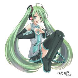 Rule 34 | 10s, 1girl, 2012, ahoge, artist name, boots, dated, green eyes, green hair, hatsune miku, headphones, heart, heart hands, highres, long hair, looking at viewer, matching hair/eyes, necktie, open mouth, simple background, sitting, skirt, solo, thigh boots, thighhighs, twintails, ugeppa, very long hair, vocaloid, white background