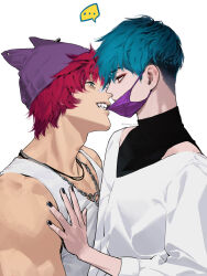 Rule 34 | ..., 2boys, annoyed, aphelios, bandaid, bandaid on face, bandaid on nose, black nails, blue eyes, blue hair, chanoo artz, clenched teeth, commentary, english commentary, face-to-face, fingernails, hand on another&#039;s chest, heartsteel aphelios, heartsteel sett, highres, jewelry, league of legends, long sleeves, male focus, mask, mouth mask, multiple boys, muscular, muscular male, nail polish, necklace, official alternate hairstyle, red eyes, red hair, sett (league of legends), shirt, short hair, simple background, sleeveless, smile, teeth, white background, white shirt, yaoi