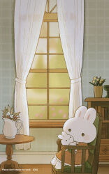 Rule 34 | :o, artist name, ayu (mog), blush, blush stickers, book, bookshelf, chair, commentary, commentary request, curtains, dress, english commentary, flower, highres, holding, holding stuffed toy, indoors, light particles, mixed-language commentary, no humans, original, plant, rabbit, red dress, red flower, short sleeves, sitting, solid circle eyes, solo, stuffed animal, stuffed rabbit, stuffed toy, table, vase, watermark, white flower, window, wooden floor, yellow flower