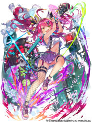 Rule 34 | 1girl, :d, ahoge, armpits, arms up, bare arms, bare shoulders, belt, bracelet, crop top, crop top overhang, electric guitar, fishnet thighhighs, fishnets, floating hair, full body, garter straps, guitar, holding, holding instrument, instrument, jewelry, knee up, kt. (kaisou-notagui), long hair, looking at viewer, mahou tsukai to kuroneko no wiz, midriff, miniskirt, nail polish, navel, neckerchief, official art, open mouth, pink hair, pleated skirt, purple skirt, shirt, simple background, single thighhigh, skirt, sleeveless, sleeveless shirt, smile, solo, stomach, suspenders, thigh strap, thighhighs, thighs, toeless footwear, toenail polish, toenails, twintails, v-shaped eyebrows, watermark, white background, white shirt, yellow eyes