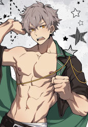 Rule 34 | 1boy, clenched hand, unworn clothes, collarbone, earrings, ensemble stars!, green jacket, grey background, grey hair, hair between eyes, highres, jacket, jewelry, looking at viewer, male focus, nipples, ogami koga, open mouth, patient zero, solo, star (symbol), teeth, toned, toned male, yellow eyes