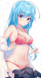 Rule 34 | 1girl, :o, absurdres, ahoge, bare shoulders, black skirt, blue eyes, blue hair, blue nails, blush, bow, bow bra, bow panties, bra, breasts, cleavage, clothes pull, collarbone, commentary request, frilled bra, frills, groin, gyozanuko, hair between eyes, highres, long hair, long sleeves, looking at viewer, medium breasts, nail polish, navel, off shoulder, one side up, open clothes, open shirt, open skirt, original, panties, parted lips, pink bra, pink panties, pleated skirt, shirt, skirt, skirt pull, solo, underwear, very long hair, white background, white shirt