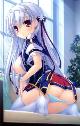 Rule 34 | 1girl, absurdres, ass, blue hair, blue panties, breasts, couch, highres, justy x nasty, large breasts, long hair, mikagami mamizu, nipples, onose mana, panties, panty pull, purple eyes, school uniform, seiza, sitting, solo, thighhighs, underwear, whirlpool, white thighhighs, window
