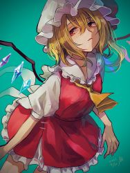 Rule 34 | 1girl, absurdres, aqua background, blonde hair, closed mouth, collarbone, crystal, dated, flandre scarlet, hat, highres, looking at viewer, m (neteitai10), mob cap, neckerchief, one side up, red eyes, short sleeves, signature, simple background, solo, touhou, white hat, wings, yellow neckerchief