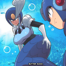 Rule 34 | 1boy, 1girl, air bubble, artist name, blue hair, breasts, bubble, butter sugoi, frown, gloves, hand on own ass, helmet, highres, large breasts, mega man (character), mega man (classic), mega man (series), mega man 9, mermaid, monster girl, photo background, red hair, splash woman, underwater, white gloves
