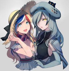 Rule 34 | 2girls, abyssal ship, beret, blonde hair, blue eyes, blue hair, bow, breast press, breasts, cleavage, commandant teste (kancolle), commentary request, dress, elbow gloves, gloves, grey hair, hair over one eye, hat, hat ribbon, kantai collection, long hair, looking at viewer, medium breasts, multicolored hair, multiple girls, no bra, open mouth, red hair, ribbon, scarf, seaplane tender water princess, sleeveless, sleeveless dress, smile, streaked hair, sun hat, symmetrical docking, upper body, walzrj, white hair, yellow eyes