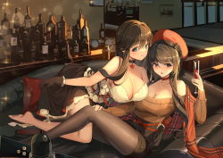 Rule 34 | 2girls, alcohol, aran sweater, bar (place), bare shoulders, barefoot, beret, black gloves, blush, breasts, brown hair, cable knit, choker, cleavage, collarbone, couch, dress, flower choker, glass, gloves, grey eyes, hair between eyes, hair over shoulder, hat, k12io, large breasts, long hair, looking away, medium dress, multiple girls, off-shoulder sweater, off shoulder, original, pantyhose, red eyes, sake, scarf, shorts, sitting, smile, strapless, strapless dress, sweater, yuri