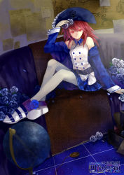 Rule 34 | 18 (backstreetno18), 1girl, cul, flower, hat, highres, looking at viewer, pantyhose, petals, red eyes, red hair, rose, shoes, sitting, smile, solo, vocaloid, white pantyhose