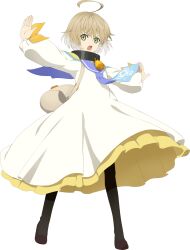 Rule 34 | 1boy, ahoge, blonde hair, child, commentary, dress, english commentary, full body, green eyes, hair between eyes, highres, laphicet (tales), long sleeves, male focus, official art, open mouth, outstretched arms, pantyhose, sailor collar, shoes, solo, standing, tales of (series), tales of asteria, tales of berseria, transparent background, white dress