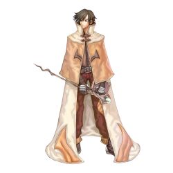 Rule 34 | 1boy, 2000s (style), belt, black hair, brown belt, brown capelet, brown footwear, brown gloves, brown shirt, cape, capelet, closed mouth, expressionless, full body, gloves, grey eyes, hair between eyes, highres, holding, holding staff, looking afar, mage (ragnarok online), male focus, medium bangs, myung-jin lee, official art, pants, ragnarok online, red pants, shirt, shoes, short hair, simple background, solo, staff, standing, tachi-e, transparent background, white cape