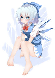 Rule 34 | 1girl, absurdres, bad anatomy, bad feet, barefoot, blue dress, blue eyes, blue hair, blush, bow, breasts, cirno, dress, feet, frown, full body, hair bow, heart, heart-shaped pupils, highres, ice, ice wings, legs, looking at viewer, matching hair/eyes, nekoro (nekokabuto), poorly drawn, puffy short sleeves, puffy sleeves, shirt, short sleeves, silver hair, simple background, sitting, small breasts, solo, symbol-shaped pupils, touhou, v arms, wings