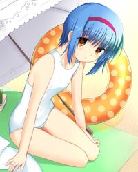 Rule 34 | 1girl, arm support, arms at sides, bare arms, beach, blanket, blue hair, breasts, collarbone, commentary request, commission, day, expressionless, eyes visible through hair, hair between eyes, hairband, leaning forward, light blush, little busters!, looking at viewer, medium hair, navel, nishizono mio, one-piece swimsuit, orange innertube, otou (otou san), outdoors, parted lips, polka dot innertube, red hairband, sitting, small breasts, solo, swimsuit, umbrella, upturned eyes, variant set, white one-piece swimsuit, yellow eyes, yokozuwari