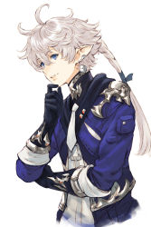 Rule 34 | 1boy, ahoge, alphinaud leveilleur, blue eyes, cropped torso, crossed arms, dutch angle, earrings, elezen, elf, facing viewer, final fantasy, final fantasy xiv, finger to mouth, finger to own chin, gloves, high collar, highres, jewelry, long hair, makimura shunsuke, male focus, pointy ears, ponytail, short hair with long locks, silver hair, simple background, solo, upper body, white background