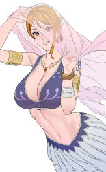 Rule 34 | 1girl, arabian clothes, arm up, armlet, armpit crease, bandaged arm, bandages, bangle, bare shoulders, belly dancing, bracelet, breasts, cleavage, collarbone, commentary, cowboy shot, crop top, dancer, earrings, gold earrings, hair behind ear, hands up, harem outfit, highres, holding veil, jewelry, large breasts, log pose, looking at viewer, midriff, nami (one piece), navel, necklace, official alternate costume, one piece, orange eyes, orange hair, orange nails, parted lips, pink veil, short hair, shoulder tattoo, single sidelock, skirt, smile, solo, tattoo, uukkaa, veil, white background, white skirt