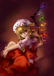 Rule 34 | 1girl, blonde hair, bow, flandre scarlet, hat, hat bow, highres, holding legs, i-la, looking at viewer, mob cap, open mouth, red eyes, solo, touhou, wings