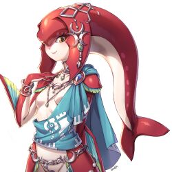 Rule 34 | 1girl, bara (totocos), bracelet, breasts, colored skin, fang, fins, fish girl, head fins, head tail, highres, jewelry, looking at viewer, mipha, multicolored skin, nintendo, procreate (medium), red skin, simple background, small breasts, solo, the legend of zelda, toga, white background, yellow eyes, zora