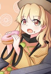 Rule 34 | 1girl, armchair, blonde hair, brown eyes, brown hat, chair, doughnut, eating, food, food on face, hat, holding, long sleeves, looking at viewer, matara okina, open mouth, orange background, sitting, solo, tabard, touhou, wide sleeves, yu cha