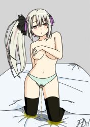Rule 34 | 1girl, bed, bedwetting, black thighhighs, blush, breasts, brown eyes, casual peeing, covering privates, covering breasts, frey (machine-doll), full body, grey background, grey hair, hair between eyes, hair ribbon, kneeling, long hair, looking at viewer, machine-doll wa kizutsukanai, navel, no bra, on bed, panties, pee, peeing, peeing self, purposeful wetting, ribbon, side ponytail, simple background, solo, thighhighs, topless, triangle mouth, underwear, underwear only