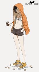 Rule 34 | 1girl, abs, absurdres, bikini, bikini top only, bikini under clothes, black hood, coffee cup, cup, disposable cup, ear piercing, highres, iwado anna, jacket, jewelry, kamezaemon, multicolored hair, necklace, original, piercing, shoes, shorts, sneakers, solo, swimsuit, toned