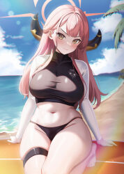 Rule 34 | 1girl, alternate costume, aru (blue archive), barefoot, beach, black bikini bottom, blue archive, blush, breasts, chisi, closed mouth, commentary, day, halo, highres, horns, large breasts, long hair, long sleeves, looking at viewer, navel, ocean, outdoors, pink hair, red halo, solo, stomach, thigh strap, thighs, water, yellow eyes