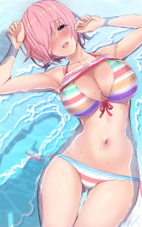 Rule 34 | 1girl, bare shoulders, bikini, blush, breasts, cleavage, fate/grand order, fate (series), hair over one eye, highres, large breasts, light purple hair, looking at viewer, mash kyrielight, mash kyrielight (swimsuit of perpetual summer ver.02), multicolored stripes, navel, official alternate costume, open mouth, purple eyes, rainbow bikini, see-through, short hair, smile, striped bikini, striped clothes, swimsuit, thighs, untue
