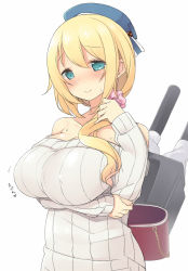 Rule 34 | 10s, 1girl, atago (kancolle), bad id, bad pixiv id, bare shoulders, blonde hair, blue hat, blush, breast hold, breasts, cleavage, covered erect nipples, green eyes, hat, kantai collection, large breasts, long hair, nekoume, off-shoulder, off-shoulder sweater, off shoulder, open mouth, personification, ribbed sweater, simple background, smile, solo, sweater, translated, white background