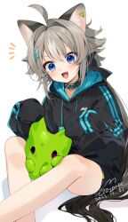 Rule 34 | 1girl, :3, ahoge, animal ears, black hoodie, black shorts, blue eyes, cat ears, cat girl, collar, creature, drawstring, fang, feet out of frame, gotou (nekocat), grabbing, grey hair, hair intakes, hair ornament, hairclip, hood, hoodie, long hair, low ponytail, notice lines, open mouth, original, short shorts, shorts, simple background, sitting, smile, solo, very long hair, white background