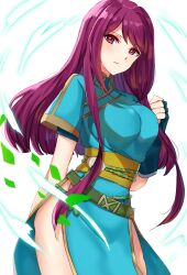 Rule 34 | 1girl, blunt ends, breasts, cosplay, dress, earrings, edamameoka, expressionless, fingerless gloves, fire emblem, fire emblem: the blazing blade, fire emblem engage, gloves, highres, ivy (fire emblem), jewelry, large breasts, long hair, looking at viewer, lyn (fire emblem), lyn (fire emblem) (cosplay), mole, mole under mouth, nintendo, official alternate costume, purple eyes, purple hair, short sleeves, side slit, simple background, solo