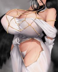 Rule 34 | 1girl, absurdres, albedo (overlord), bare shoulders, black hair, black wings, breasts, cleavage, clothes pull, demon girl, dress, dress pull, feathered wings, feathers, gloves, heavy breathing, highres, huge breasts, kumako (kumakonoh), long hair, off-shoulder dress, off shoulder, open mouth, overlord (maruyama), panties, simple background, smile, solo, steam, sweat, thighs, underwear, white dress, white gloves, white panties, wings